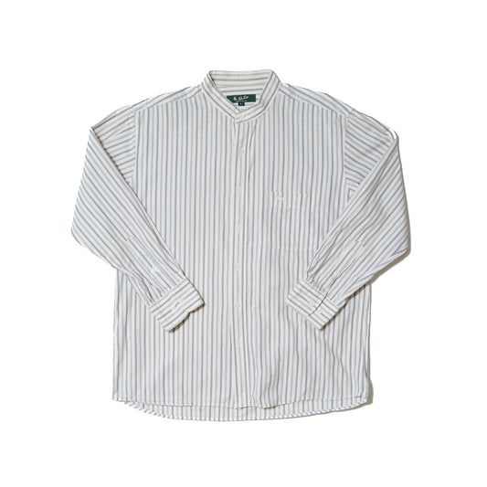 White Grey Stripe Cotton Band Collar Shirt — Peter Scott (China, c.1990s–2000s)