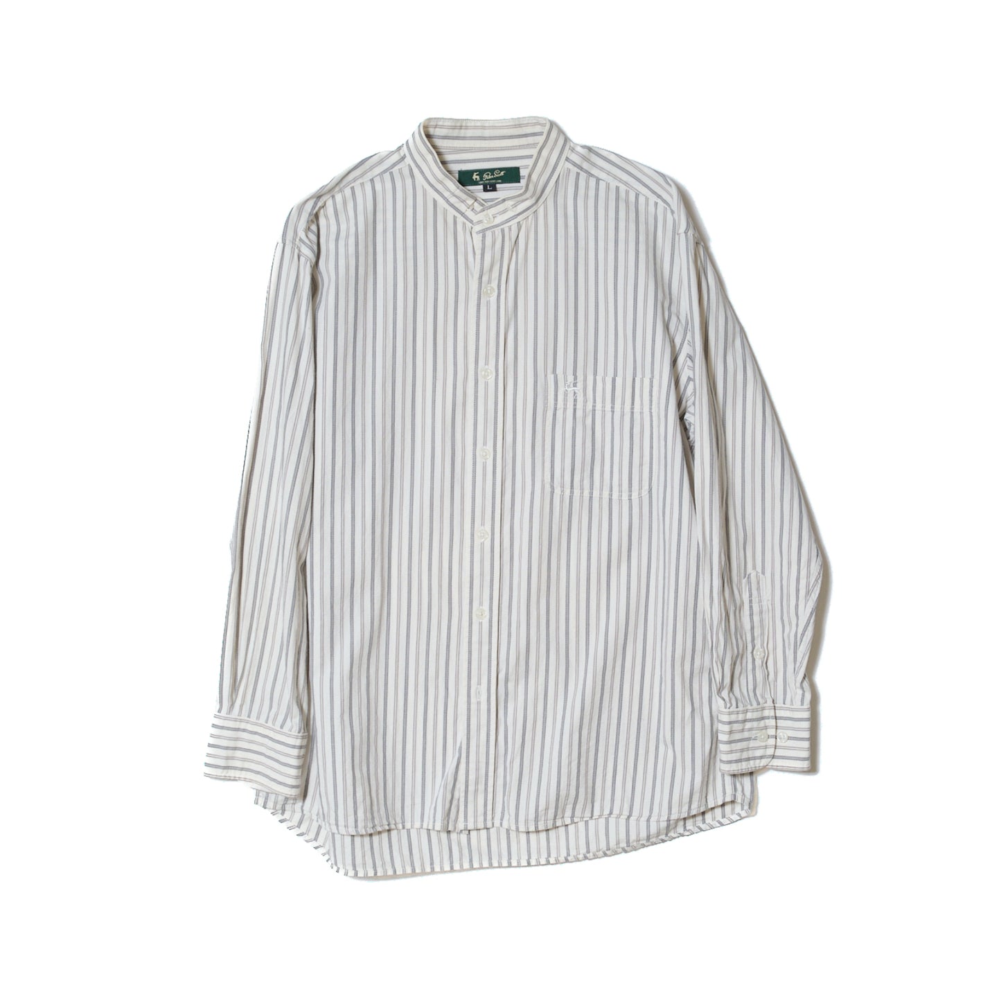 White Grey Stripe Cotton Band Collar Shirt — Peter Scott (China, c.1990s–2000s)