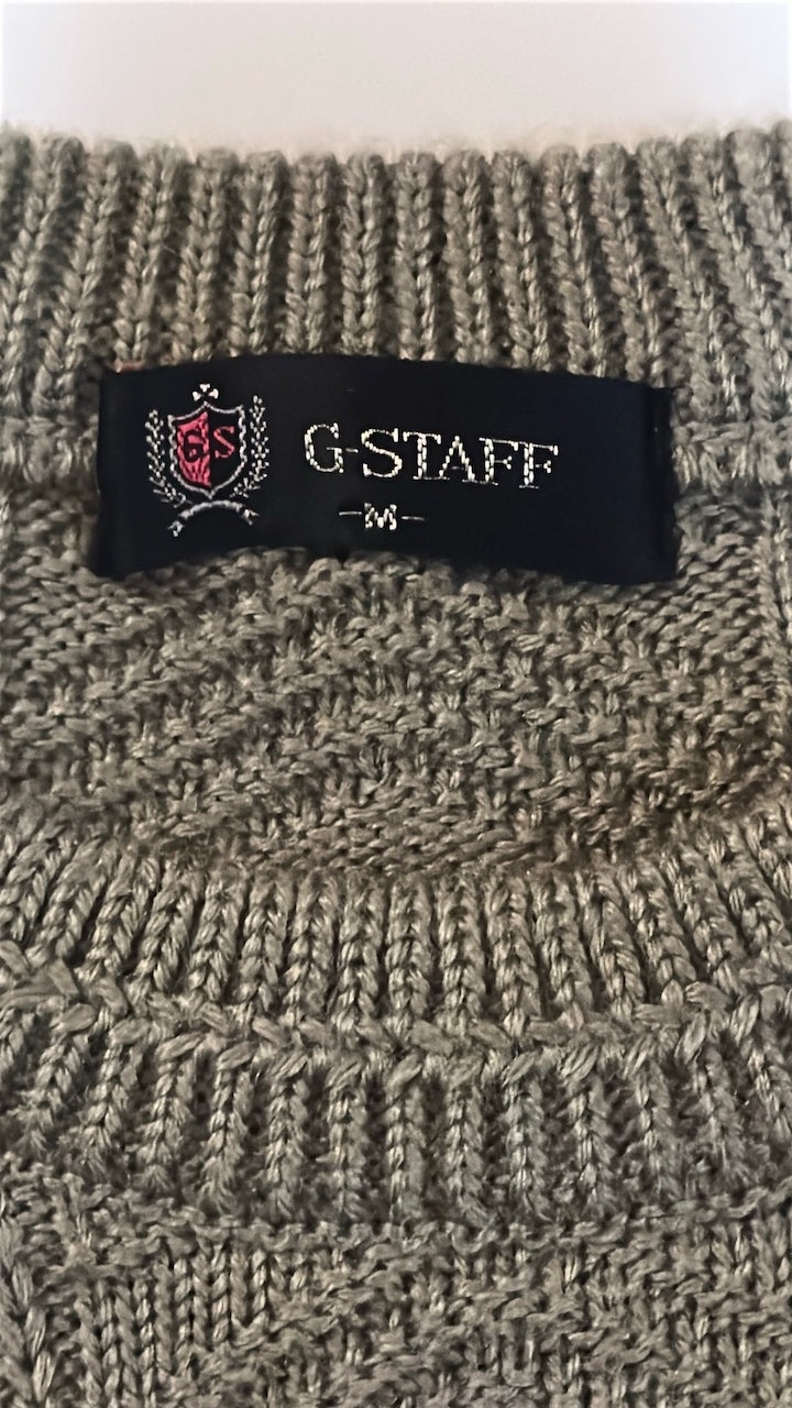 Olive Acrylic-Wool Chevron Knit Sweater — G-STAFF (Japan, c.1980s–1990s)