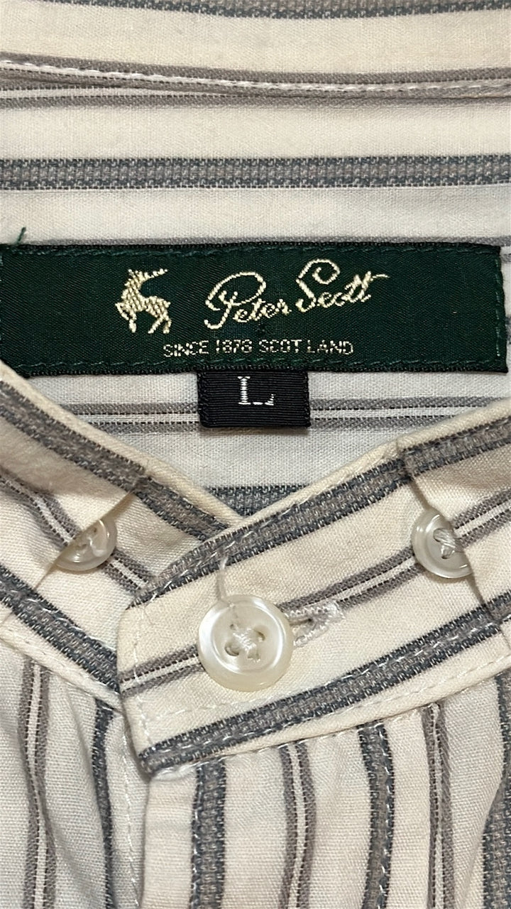 White Grey Stripe Cotton Band Collar Shirt — Peter Scott (China, c.1990s–2000s)