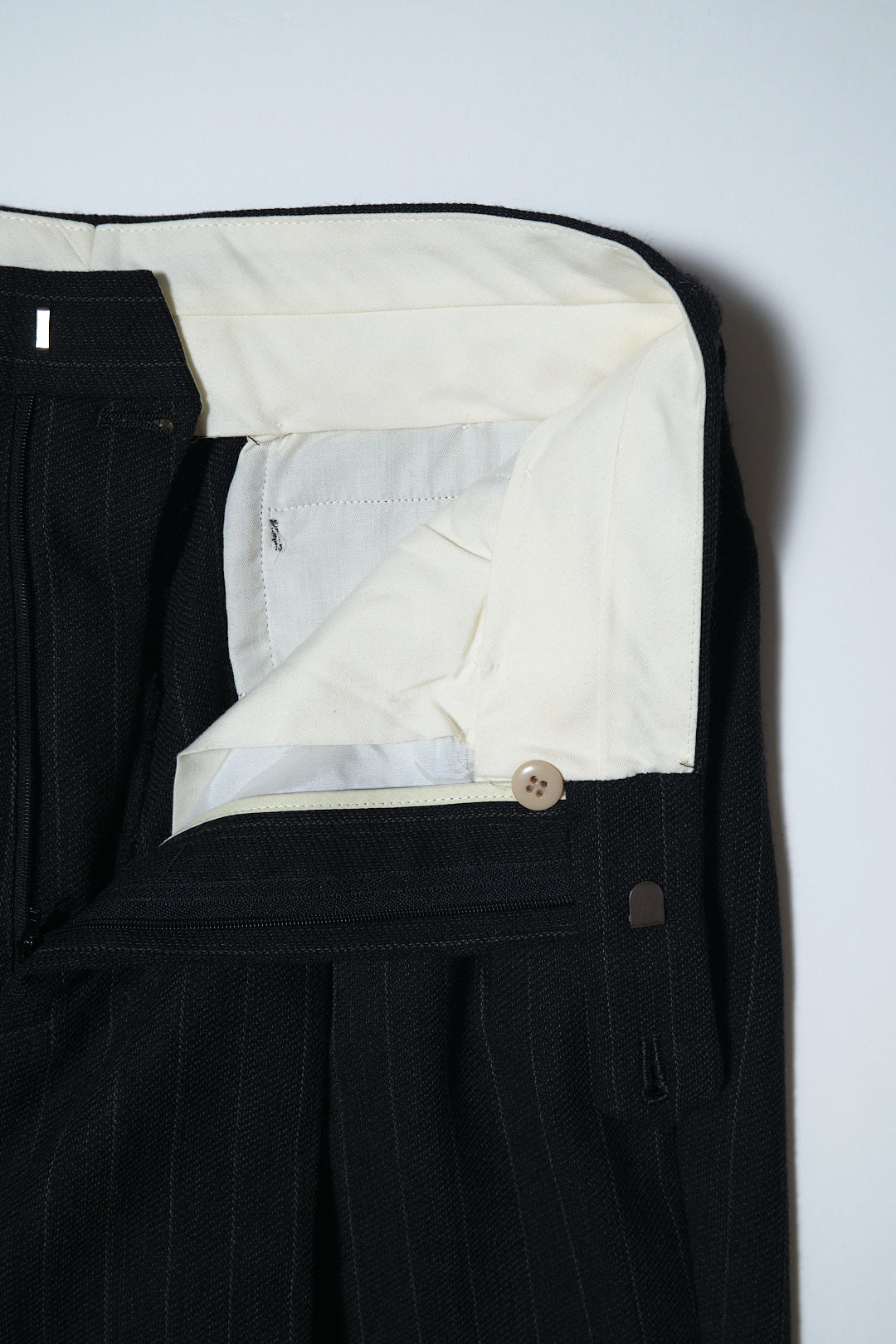 Black Pinstripe Wool Slacks W28 L30 — No Brand (Japan, c.1980s–1990s)