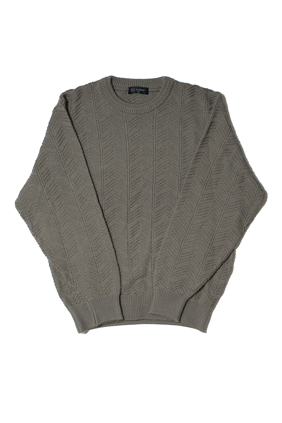 Olive Acrylic-Wool Chevron Knit Sweater — G-STAFF (Japan, c.1980s–1990s)