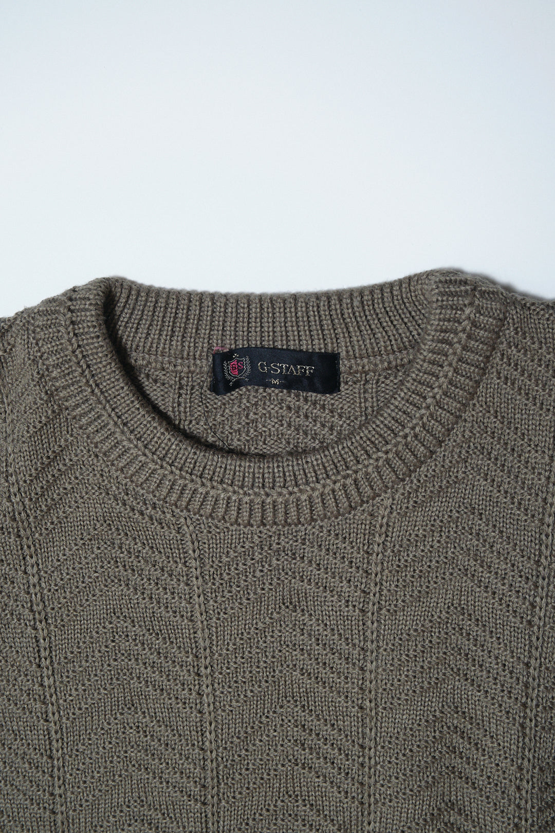 Olive Acrylic-Wool Chevron Knit Sweater — G-STAFF (Japan, c.1980s–1990s)