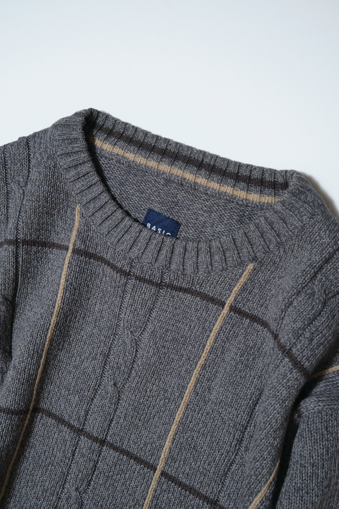 Grey Cotton-Acrylic Cable Knit Sweater — Basic Editions (Bangladesh, c.1990s–2000s)