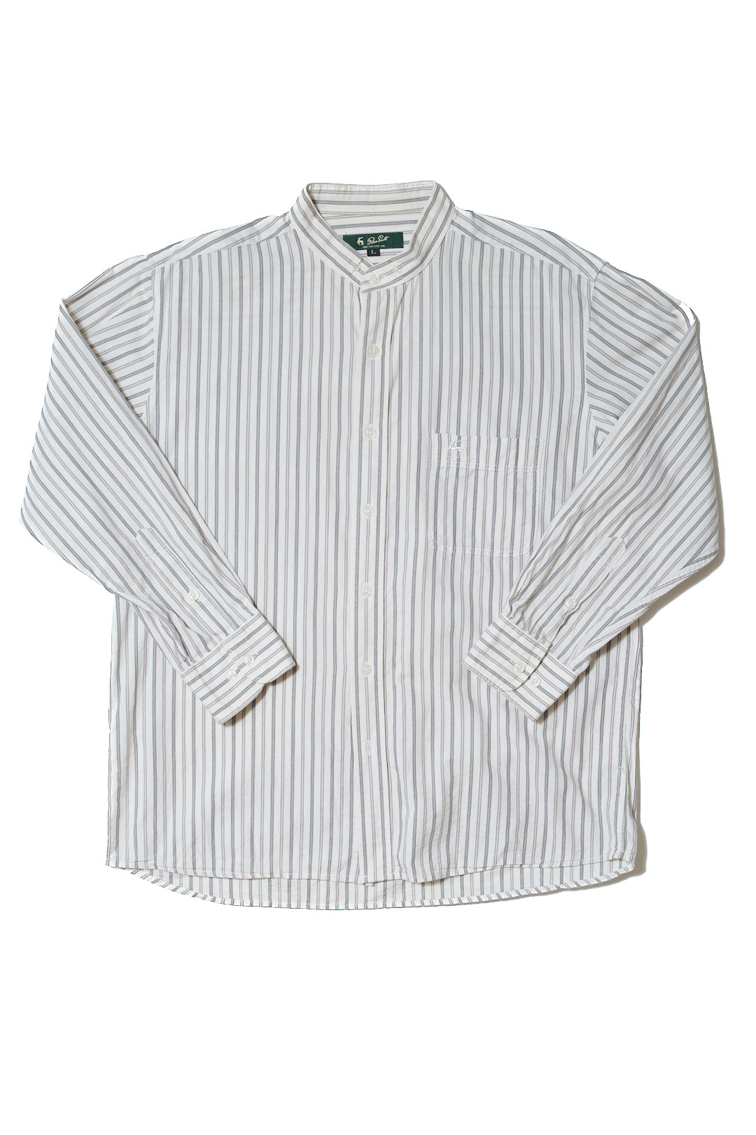 White Grey Stripe Cotton Band Collar Shirt — Peter Scott (China, c.1990s–2000s)
