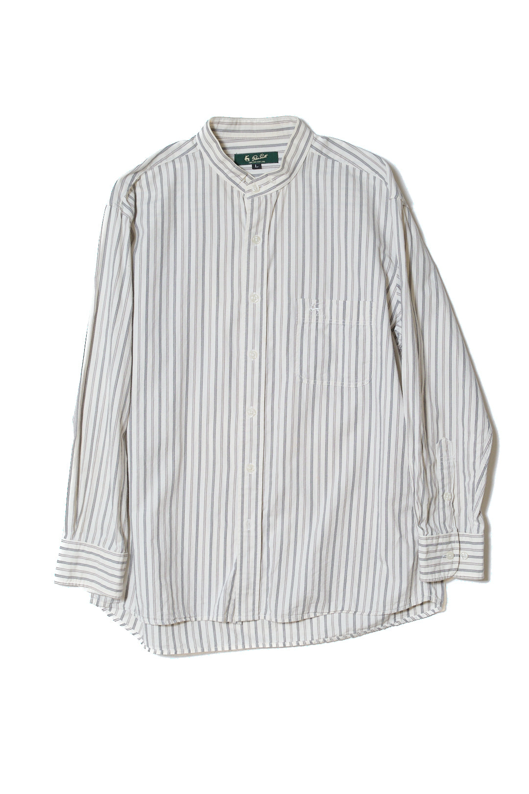 White Grey Stripe Cotton Band Collar Shirt — Peter Scott (China, c.1990s–2000s)