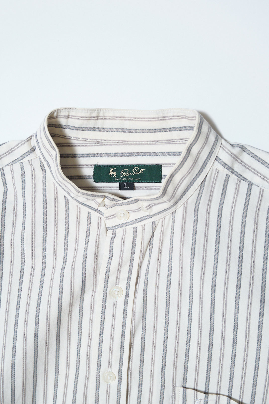 White Grey Stripe Cotton Band Collar Shirt — Peter Scott (China, c.1990s–2000s)