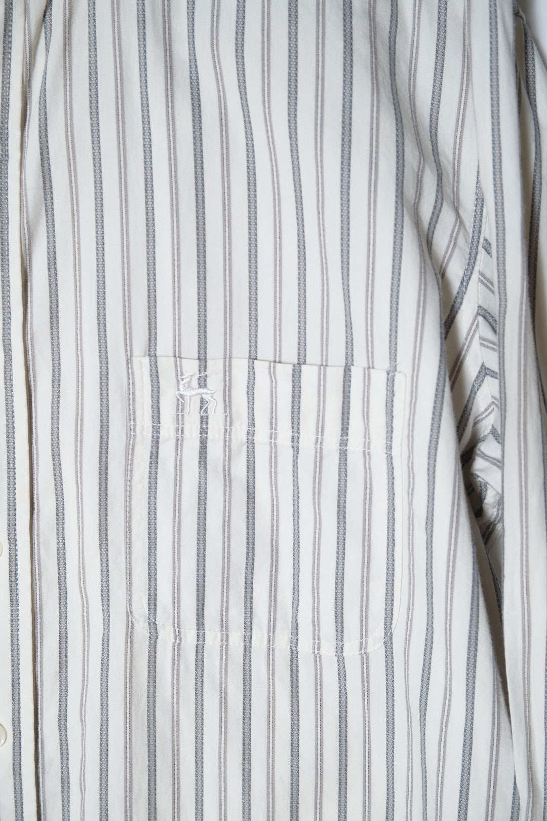 White Grey Stripe Cotton Band Collar Shirt — Peter Scott (China, c.1990s–2000s)